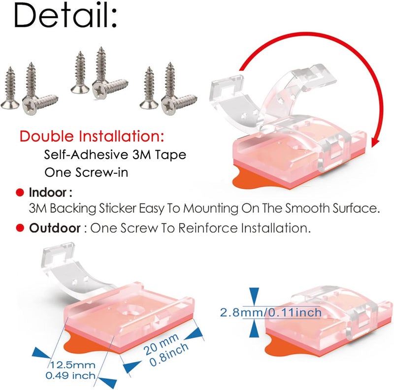 ATB - Double Installation LED Strip Light Mounting Brackets and Clips,Ideal for 12mm Wide IP65 Holder,Cable Wires Organizer Clips Vehicle,Cabinet,Under-Counter,Kitchen,Living Room (100PACK) Clear - Image 2